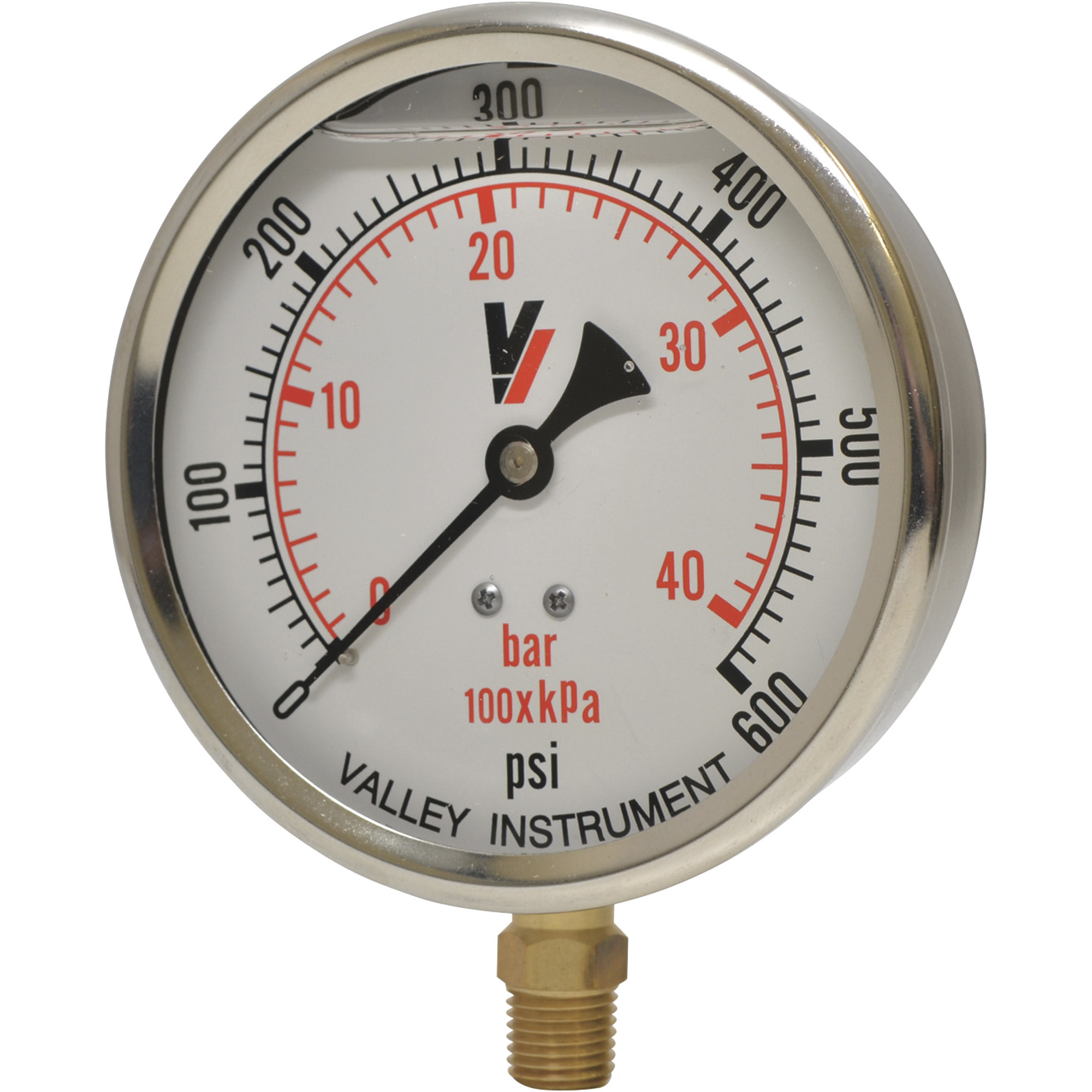 Valley Industries, 4in. Bottom Mt Gauge 600PSI, Case Material Stainless Steel, Min. Operating Pressure 0 PSI, Max. Operating Pressure 600 PSI, Model# 4140GXB600